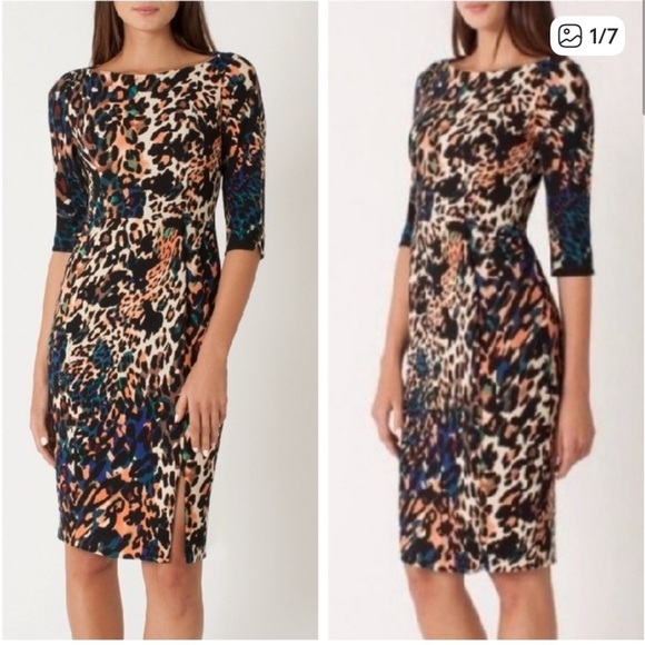 Black Halo Dresses & Skirts - NWT Black Halo Marissa Leopard Print Boat Neck Crepe Sheath Dress Women's Size 4